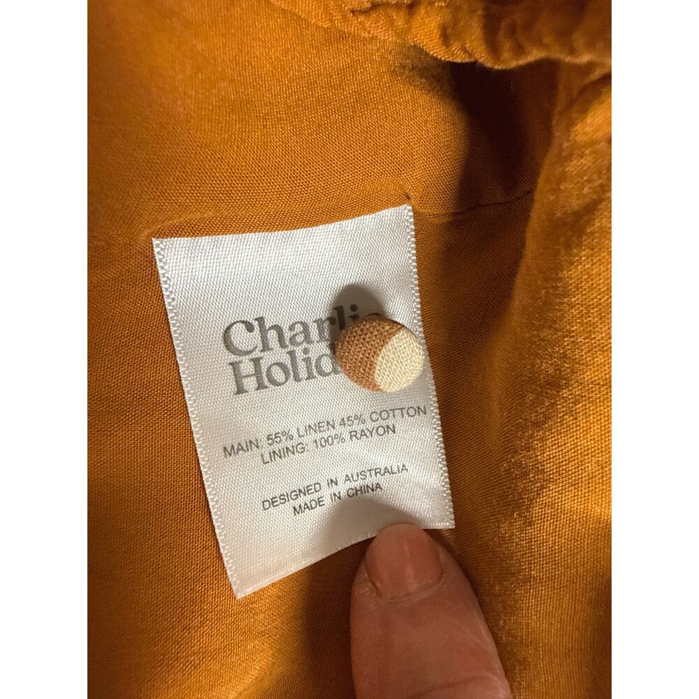 Charlie Holiday Halcyon Polka Dot Open Back Mini Dress Brown Linen Blend Size 10 - Picture 9 of 9